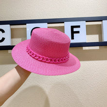 Load image into Gallery viewer, Macaron color straw hat sun hat flat top Korean fashion color chain with top hat acrylic beach hat candy color sun hat