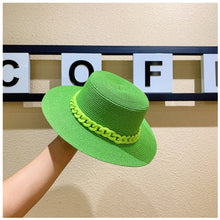 Load image into Gallery viewer, Macaron color straw hat sun hat flat top Korean fashion color chain with top hat acrylic beach hat candy color sun hat