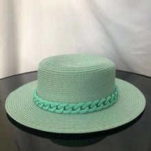 Load image into Gallery viewer, Macaron color straw hat sun hat flat top Korean fashion color chain with top hat acrylic beach hat candy color sun hat