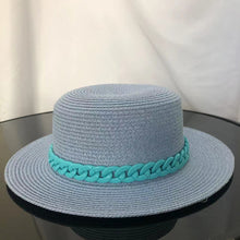 Load image into Gallery viewer, Macaron color straw hat sun hat flat top Korean fashion color chain with top hat acrylic beach hat candy color sun hat