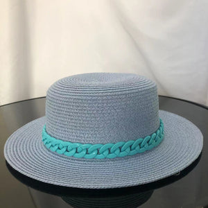 Macaron color straw hat sun hat flat top Korean fashion color chain with top hat acrylic beach hat candy color sun hat