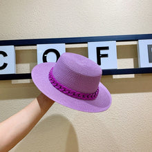 Load image into Gallery viewer, Macaron color straw hat sun hat flat top Korean fashion color chain with top hat acrylic beach hat candy color sun hat