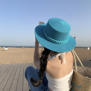 Macaron color straw hat sun hat flat top Korean fashion color chain with top hat acrylic beach hat candy color sun hat