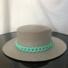 Load image into Gallery viewer, Macaron color straw hat sun hat flat top Korean fashion color chain with top hat acrylic beach hat candy color sun hat