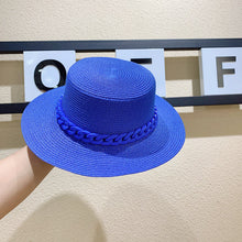 Load image into Gallery viewer, Macaron color straw hat sun hat flat top Korean fashion color chain with top hat acrylic beach hat candy color sun hat