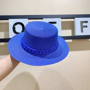 Macaron color straw hat sun hat flat top Korean fashion color chain with top hat acrylic beach hat candy color sun hat