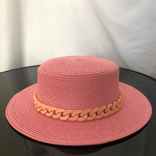 Load image into Gallery viewer, Macaron color straw hat sun hat flat top Korean fashion color chain with top hat acrylic beach hat candy color sun hat