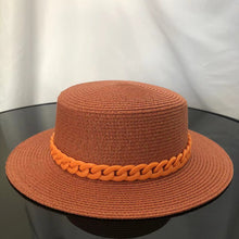 Load image into Gallery viewer, Macaron color straw hat sun hat flat top Korean fashion color chain with top hat acrylic beach hat candy color sun hat