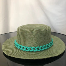 Load image into Gallery viewer, Macaron color straw hat sun hat flat top Korean fashion color chain with top hat acrylic beach hat candy color sun hat