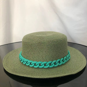 Macaron color straw hat sun hat flat top Korean fashion color chain with top hat acrylic beach hat candy color sun hat