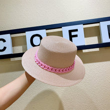 Load image into Gallery viewer, Macaron color straw hat sun hat flat top Korean fashion color chain with top hat acrylic beach hat candy color sun hat