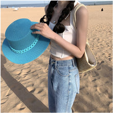 Load image into Gallery viewer, Macaron color straw hat sun hat flat top Korean fashion color chain with top hat acrylic beach hat candy color sun hat