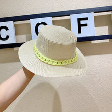 Load image into Gallery viewer, Macaron color straw hat sun hat flat top Korean fashion color chain with top hat acrylic beach hat candy color sun hat