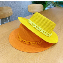 Load image into Gallery viewer, Macaron color straw hat sun hat flat top Korean fashion color chain with top hat acrylic beach hat candy color sun hat