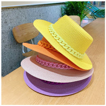 Load image into Gallery viewer, Macaron color straw hat sun hat flat top Korean fashion color chain with top hat acrylic beach hat candy color sun hat